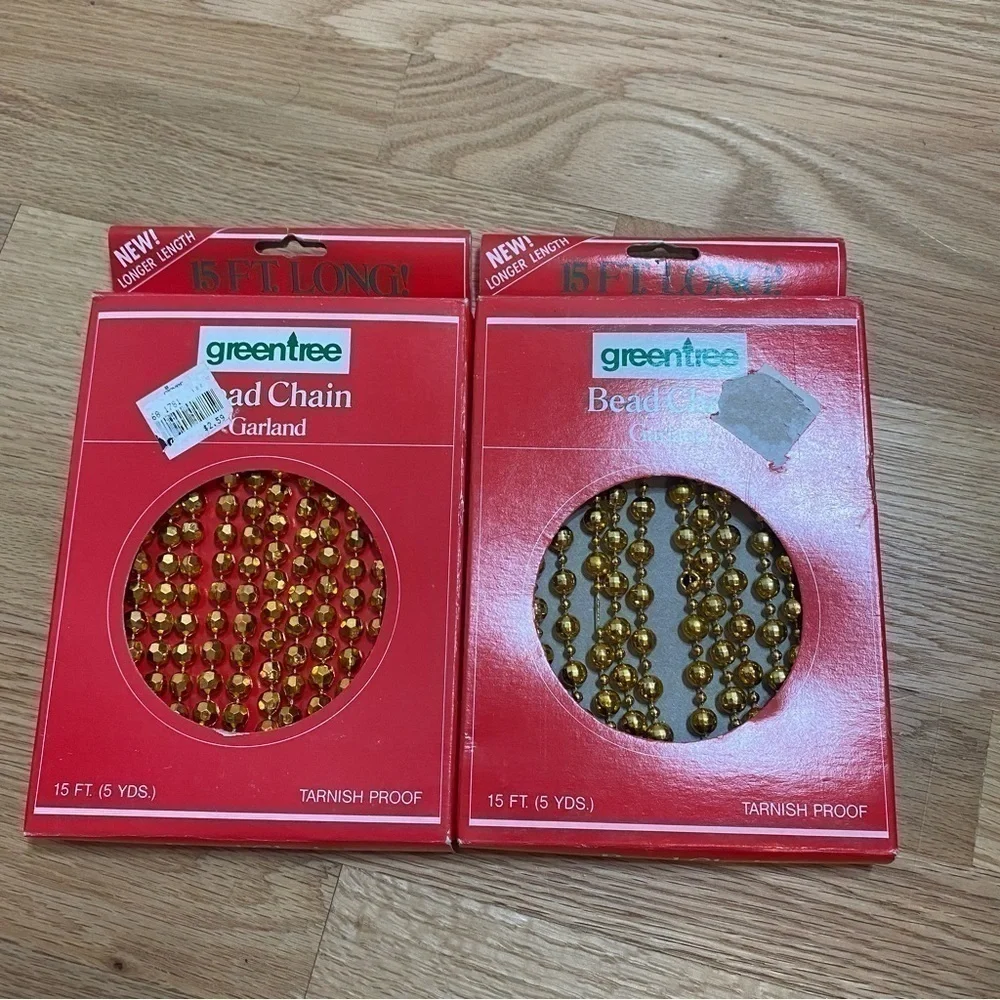 Vintage Green Tree Bead Chain Garland Gold NEW Bundle Lot 2 Pack Christmas